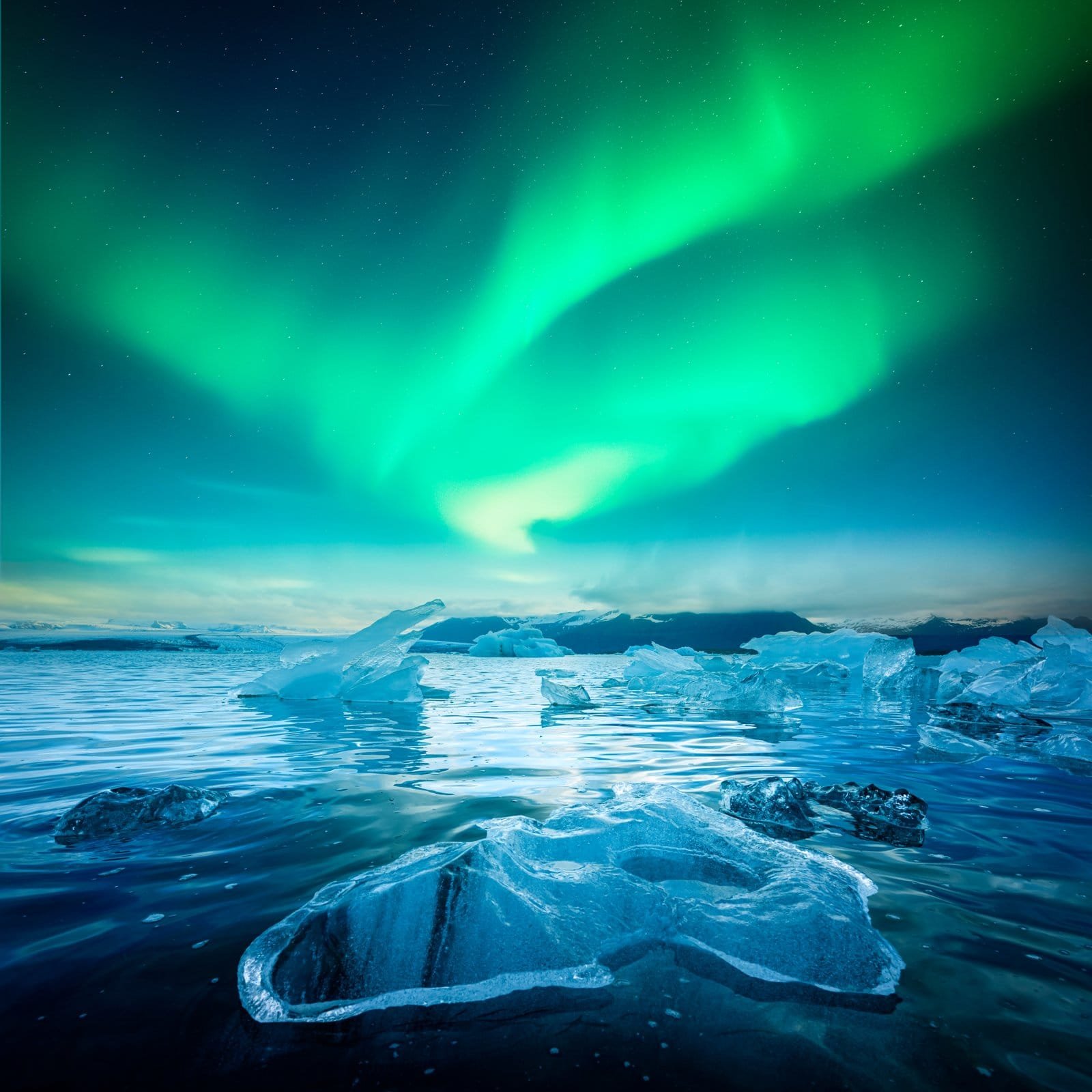 Icebergs under an overcast sky at Jökulsárlón