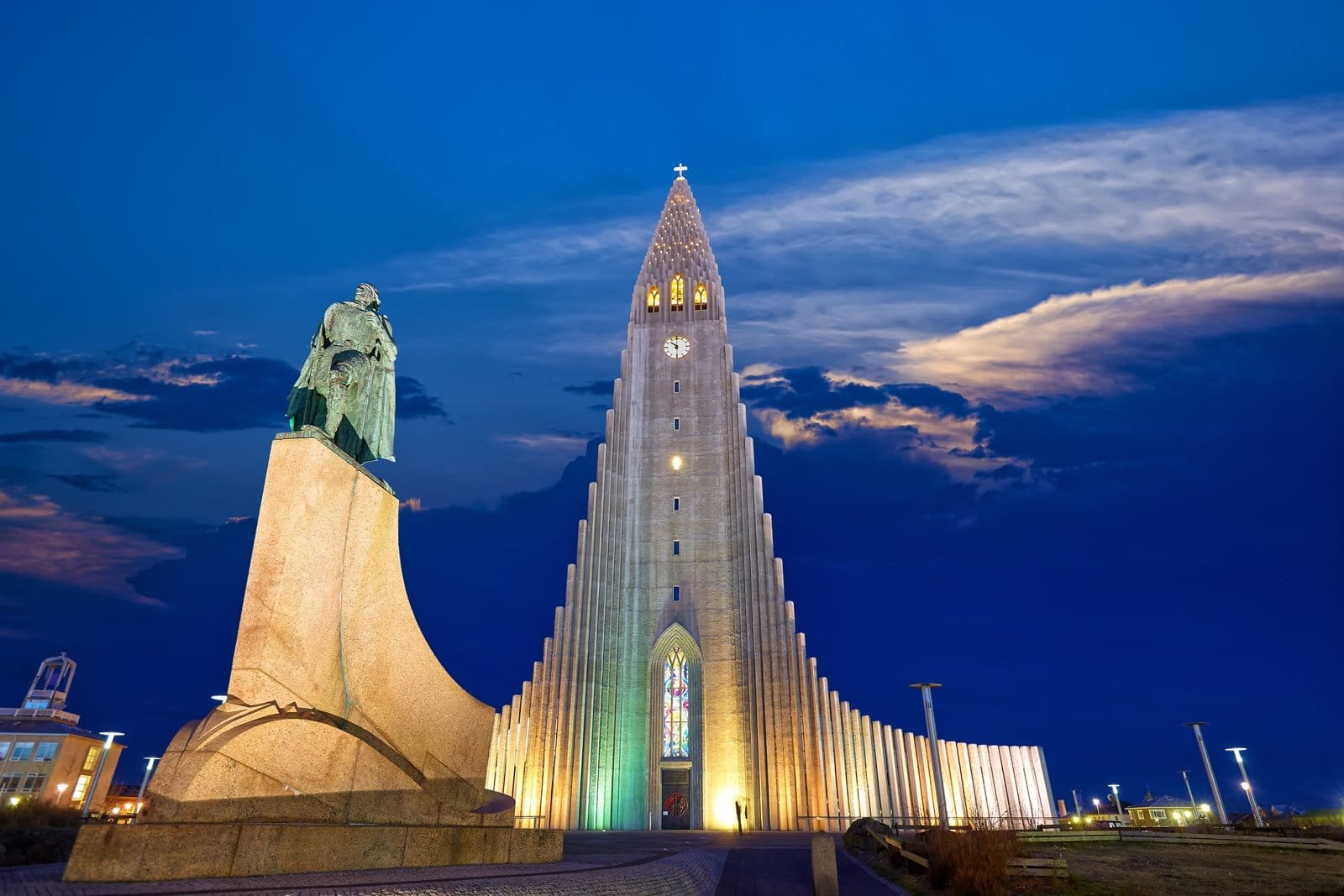 Hallgrímskirkja church tower above the rooftops of Reykjavík
