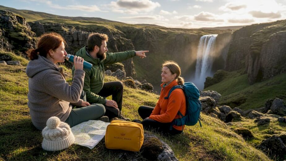 Hikers resting in Icelandic national park landscape
