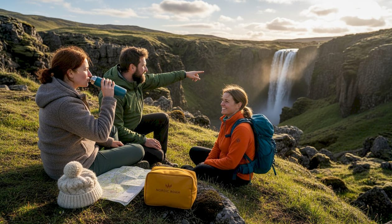 Hikers resting in Icelandic national park landscape