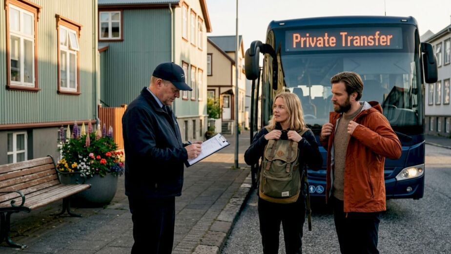 Bus picking up travelers on Reykjavík street
